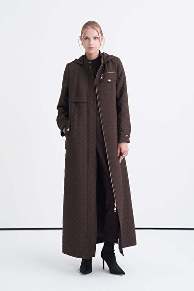 Zühre Hooded Belted Long Brown Overcoat 13993
