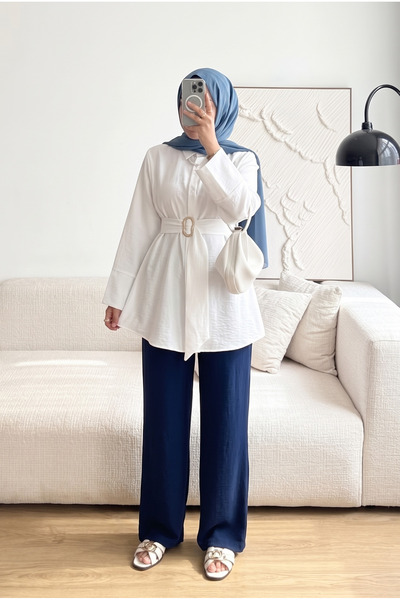 HİFADEN Women's Belted Gold Buckle Modern Cut Stylish Comfortable Long Sleeve Hijab Shirt