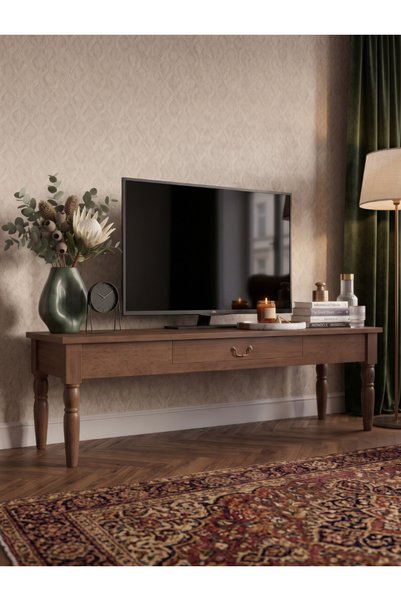 Woodenbend Marine Ceviz TV Sehpası | 160 cm Kayın Torna Ayaklı Klasik Country Ahşap TV Ünitesi