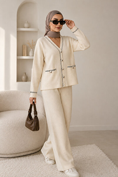 Cherry Butik Stripe Detailed Soft Textured Cardigan Pants Sports Two-Piece Kn...