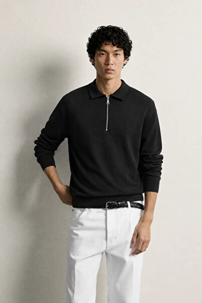 no7man Kelso - Black - Cotton Zippered Polo Collar - Men's Sweater