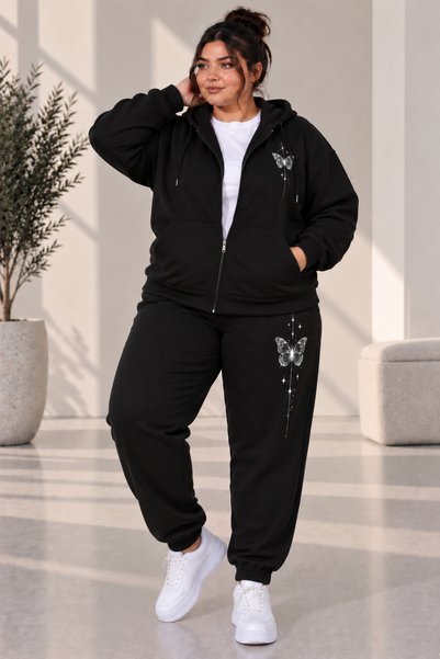 Rubonia Women's Plus Size 3-Piece Comfortable Casual Tracksuit Set Butterfly Print Zipper Hooded Jogger Set 🔥   L-8Xl