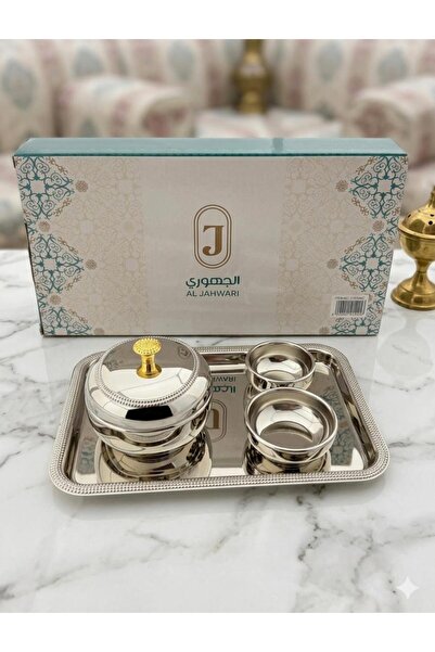 aljahwari طقم تمرية مع تبسي تقديم وصحن فصم مع صحن للماء مقاس 15 cm كبير فضي ك...