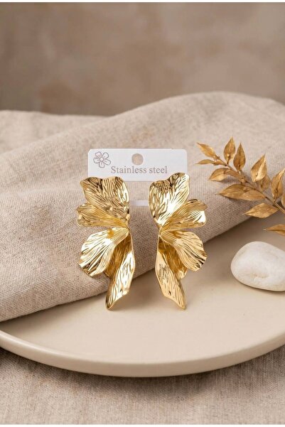 Mimoza Accessories Çelik Lotus Yaprak Model Gold Küpe
