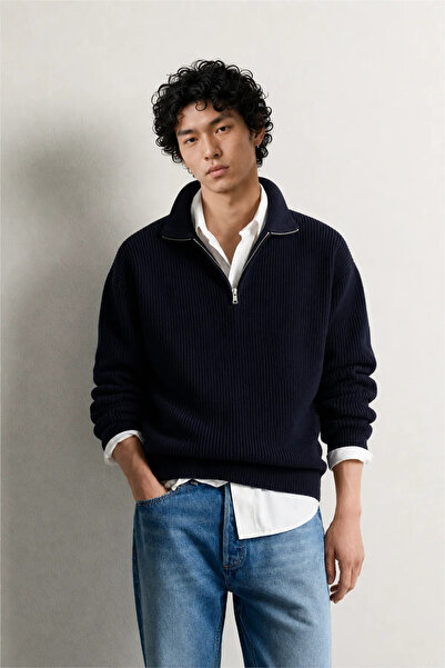 no7man Orlo - Navy Blue - Cotton Half-Zip - High-Neck Men's Sweater