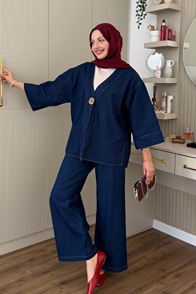 Modaensarbutik Gold Broş Detaylı Denim Pantolonlu Tesettür Takım-KOYU MAVİ