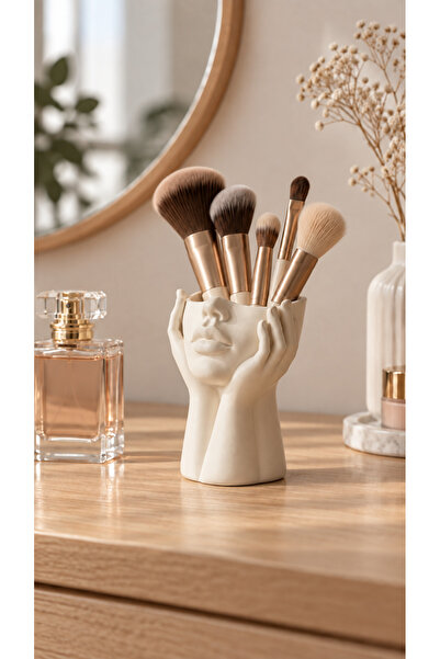 The Plasti Decorative Face Figured Makeup Brush Organizer 10 cm – White Deskt...