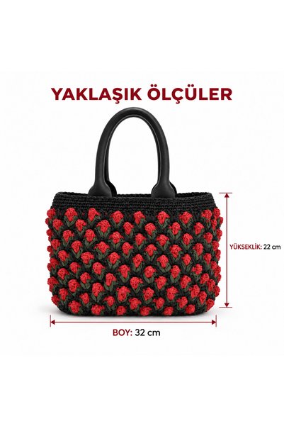 Generic Brand Handmade Lalezar Model Black Red Raffia Knitted Women's Handbag with Leather Handle
