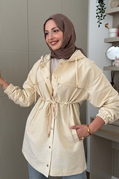 Modaensarbutik Bel Büzgü Detaylı Kapişonlu Trençkot-BEJ