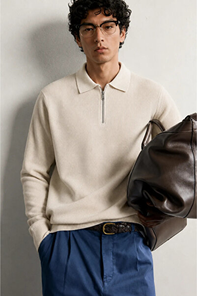 no7man Kelso - Beige - Cotton Zippered Polo Collar - Men's Sweater