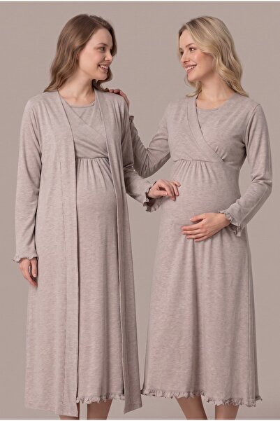 LOHOUSE Women's Beige Double-Breasted Collar Maternity Nightgown Set with Lon...