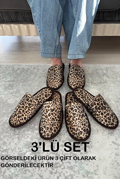 AGACE 3'LÜ SET Kadın Ev Terliği Leopar Desen