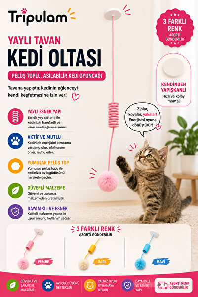 TRİPULAM Yaylı Tavan Kedi Oltası – Yapışkanlı Peluş Ponpon Toplu Asılabilir K...