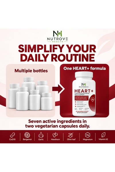 Nutrove Health HEART+ CoQ10 200 mg with Citrus Bergamot, Hawthorn & Vitamin K2 – 60 Vegetarian Capsules