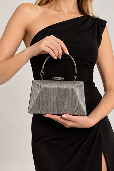 mossi Women's Platinum Glittery Striped Evening Dress Bag – Chain Strap Clutc...