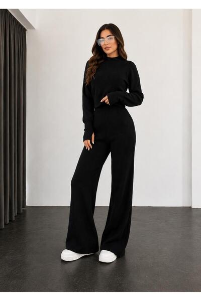 Cherry Butik Parmak Geçirmeli Crop Kazak Uzun Pantolon Triko İkili Takım
