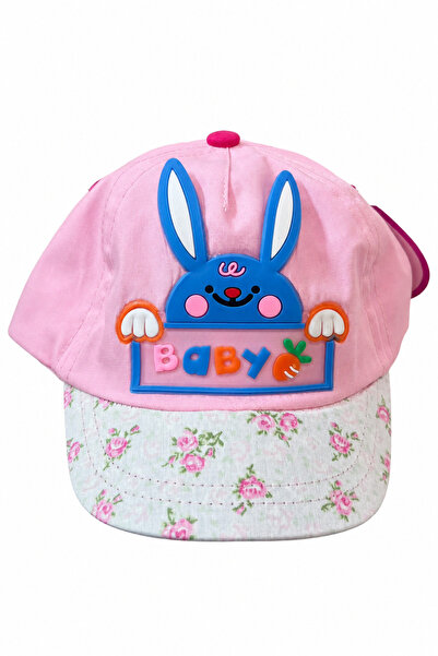 Jack Ferrero Pink Floral Patterned Baby Kids Hat with Cute Blue Rabbit Figure