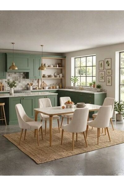 Generic Brand Marble Dining Table 6 Chairs Beige Color