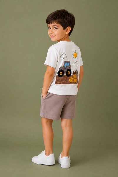 erayalpkids Boy's White Printed Tractor T-Shirt Shorts Set Summer Casual Model