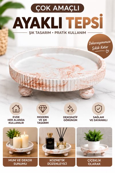 lufen deco Marble Patterned Brown Presentation Tray Candle Holder Flower Pot Base Makeup Bathroom Organizer