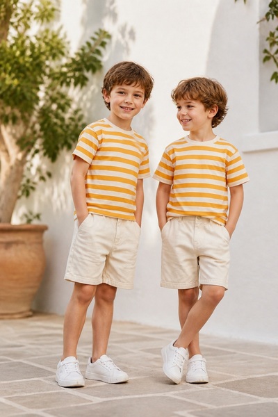 erayalpkids Boys' Striped T-Shirt and Linen Shorts Set Summer