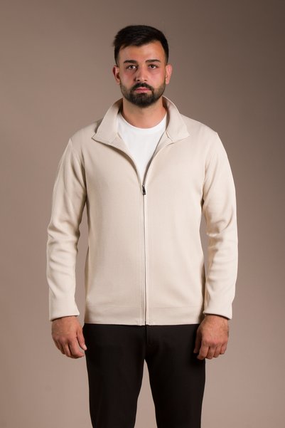 ZEKİ ÖZER Men's Beige Terry Knitted Cardigan