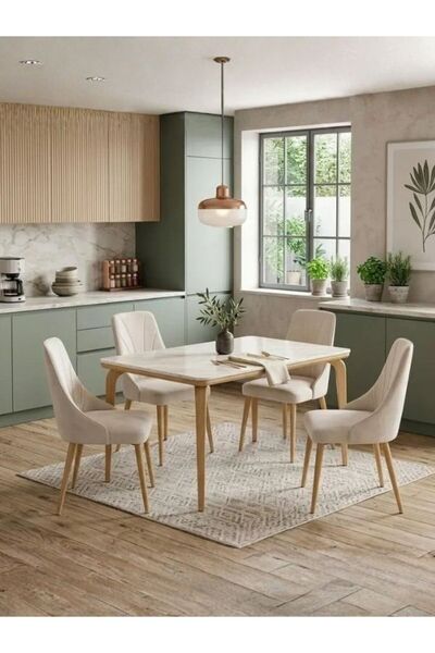 Generic Brand Table Dining Marble 4 Chairs Beige Color