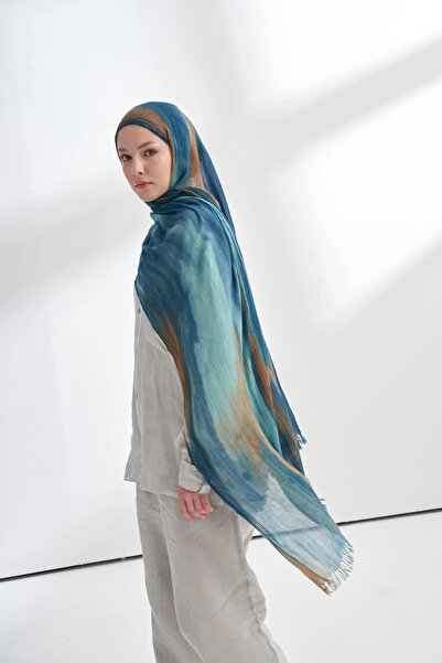 ARMANDA Organic Touch Viscose Blend Patterned Shawl - Petrol - Camel Hair
