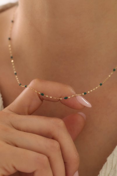 Kado Kuyumculuk 14 Ayar Altın Yeşil Mineli Aynalı Zincir Kolye