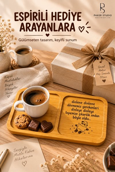 PakerStudio Humorous 2-Compartment Laser-Engraved Bamboo Coffee Presentation Tray