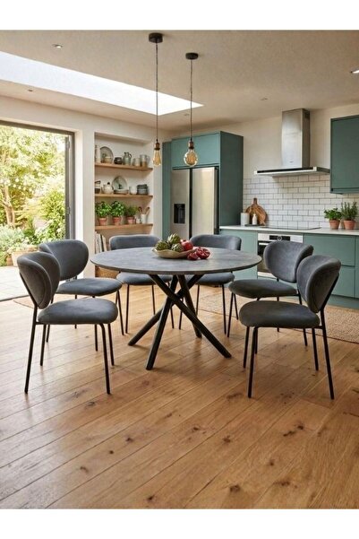 Generic Brand Round Dining Table Wooden 6 Chairs Dark Gray