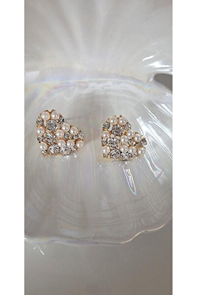 Svc Aksesuar Zircon Stone and Pearl Detailed Heart Earrings