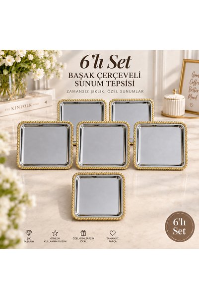 6'lı Kare Başak Desenli Tepsi - Gold Çerçeveli Paslanmaz Çelik Kahve ve İkram Servis Sunum Tepsisi