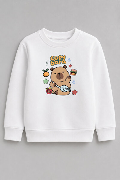cc collection Çocuk Sevimli Kapibara Baskılı Beyaz Bisiklet Yaka Sweatshirt