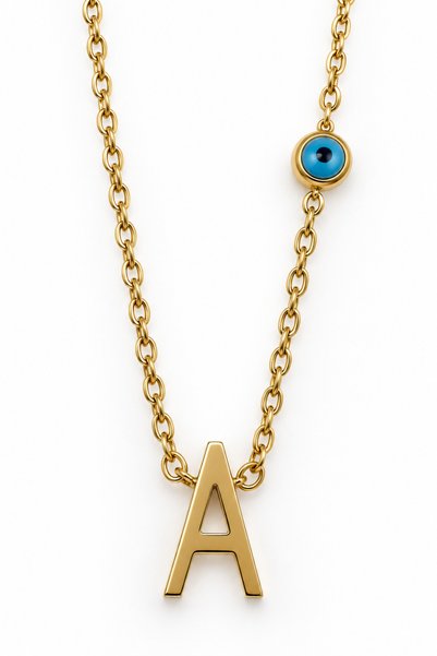 Stelle Jewelry Stainless Steel Gold Color Letter a Evil Eye Beaded Women's Necklace 45 cm