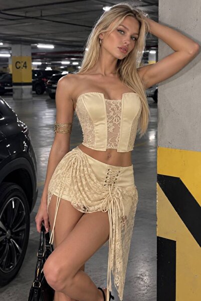 AVEN WOMAN Straplez Dantelli Bağcıklı Mini Etek Takım
