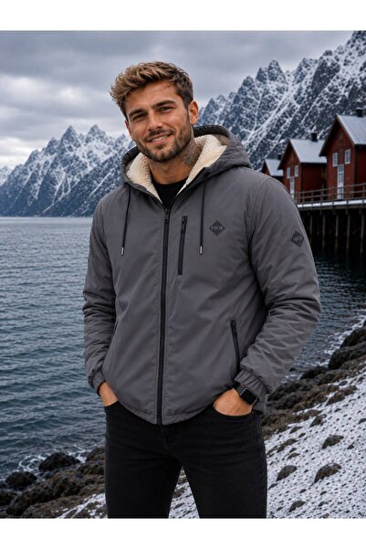 Gül Maison Men's Fur Lined Water Repellent Hooded Zippered Winter Raincoat Ja...