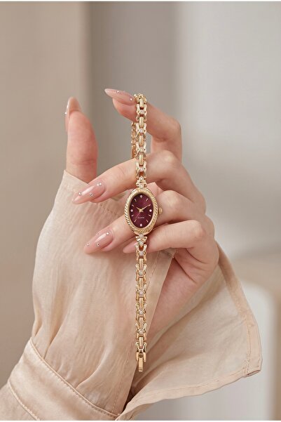 KLISHE Butik Vintage Kadın Çelik Saat Gold Renk & Bordo Kadran Luxury Old Mon...