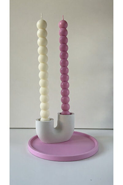 Moods Candle Studio 3’lü Set - 2 Adet Krem ve Pembe Şamdan Mum / 1 Adet Çiftl...