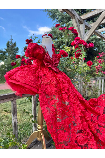BELORIA CHILDREN'S FASHION Kız Çocuk Kırmızı Kuyruklu Prenses Elbisesi 3D Çiç...