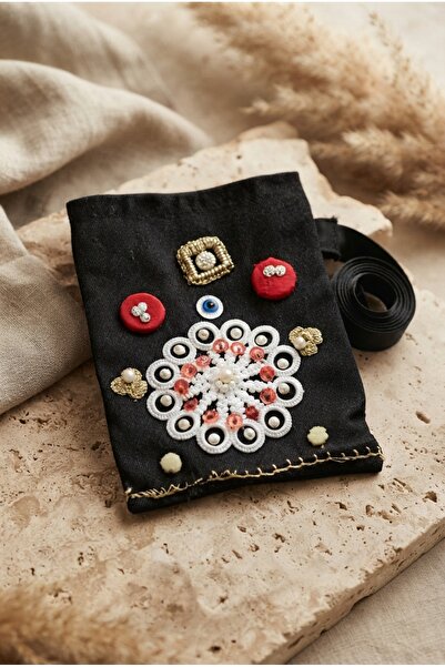 ZGNOVA Handmade Bead Embroidered Crossbody Phone Bag on Fabric