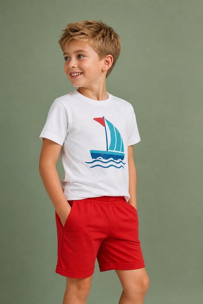 erayalpkids Boy's Red Sailing Printed T-Shirt Shorts Set