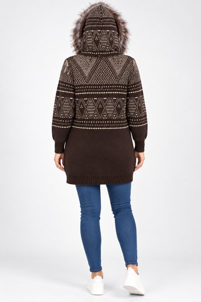 onymino Women's Plush Hooded Patterned Knitted Cardigan Brown