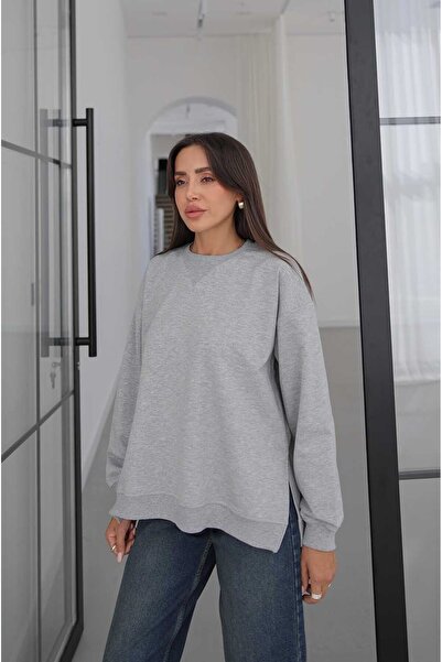 Havoş Gri Yanları Yırtmaçlı Oversize Sweatshirt