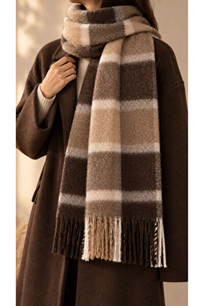 EveryScarf Ekoseli Kahverengi-Bej Renkli Yumuşak Dokulu Kışlık Şal