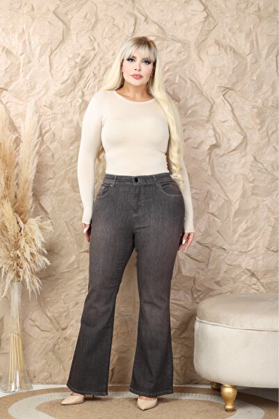 Era Lisa Kahverengi İspanyol Paça Full Likralı Büyük Beden Jeans Pantolon.
