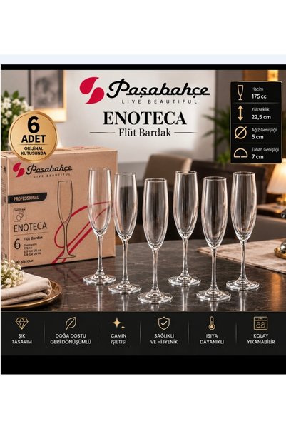Paşabahçe Enoteca flüt bardak 6 adet 175 cc hacim 22.5 cm boyu 5 cm ağız 7 cm taban kalıteli