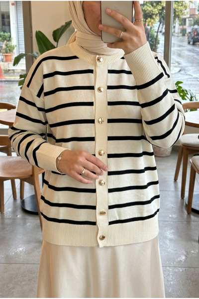 Kirazca Butik Women's Mila Striped Mercerized Cardigan with Gold Button Detail