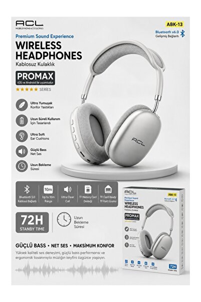 VEROXA Acl Abk-13 Promax Bluetooth 6.0 Kablosuz Kulak Üstü Kulaklık 72H Stand...
