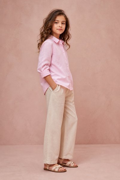 erayalpkids Girl's Pink Long Sleeve Linen Shirt